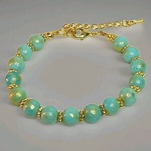 Blue and Gold Jade Beaded Lobster Clasp Bracelet Adjustable 7-9" Boho Bracelet